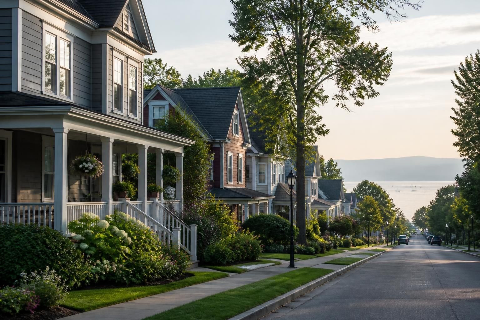 Urban neighborhood with landscaped yards and soft lakeside light.