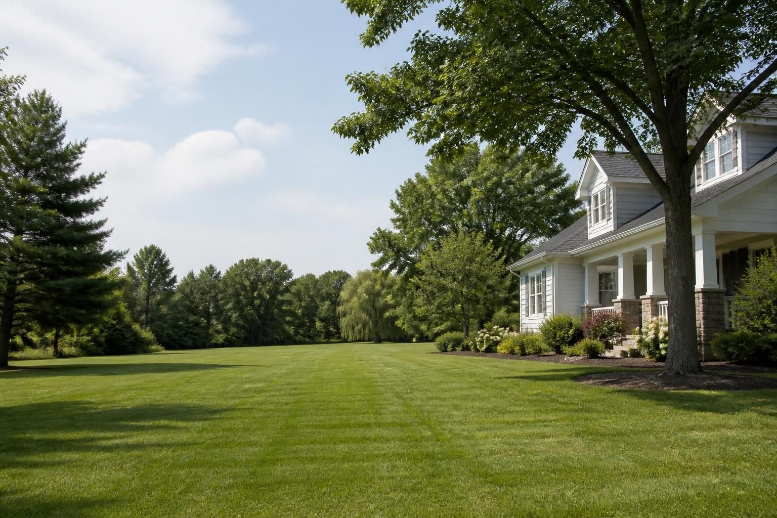 Well-kept neighborhood yard with open space and mature trees.