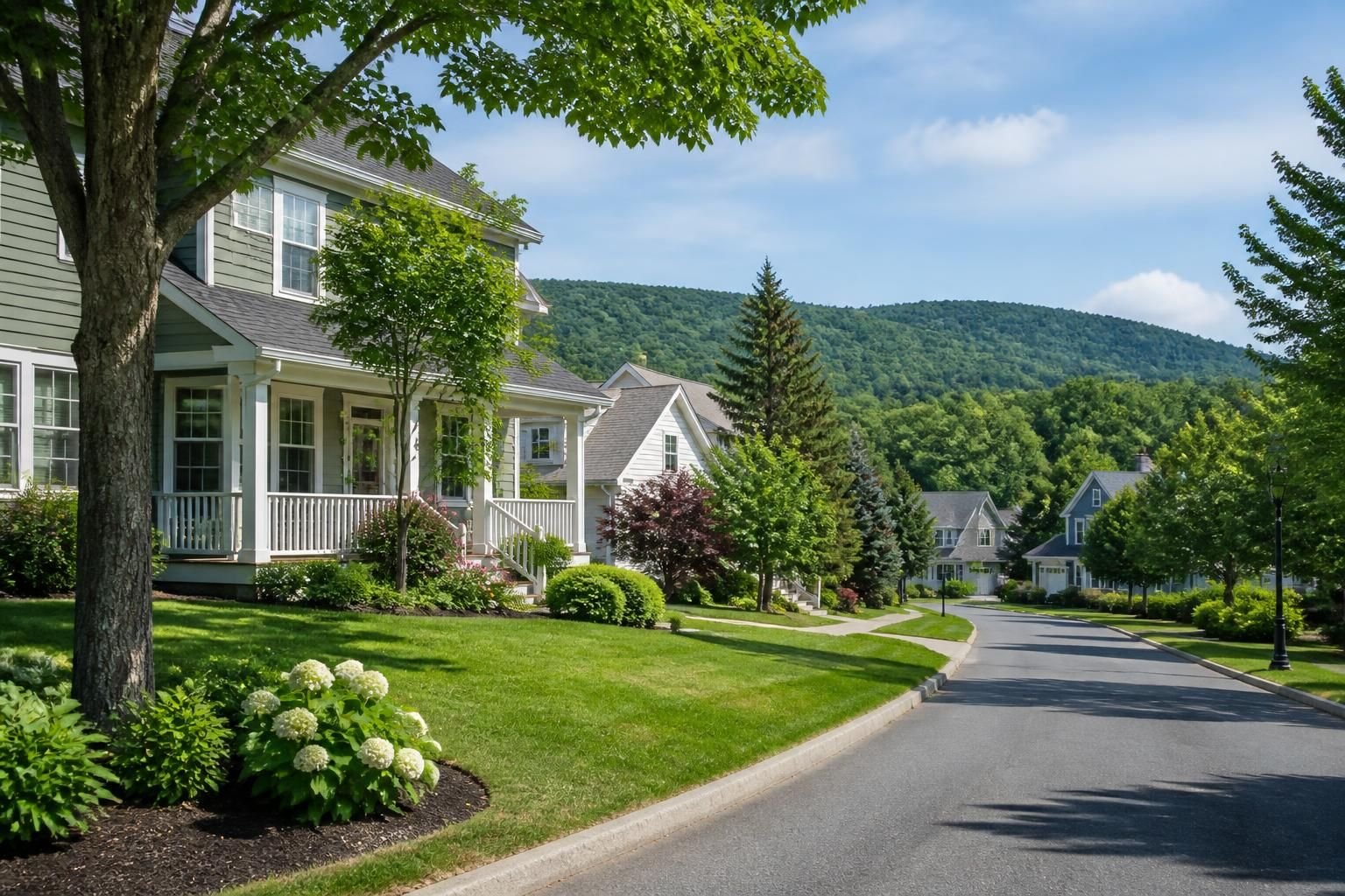 Suburban neighborhood with neat lawns and well-kept shrubs.