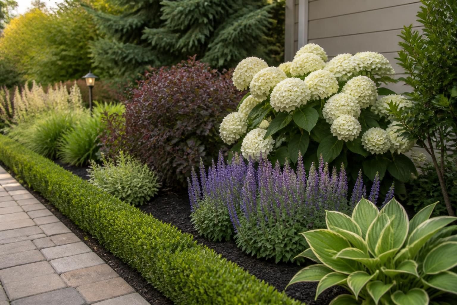 Finished garden bed with layered plantings and defined borders.