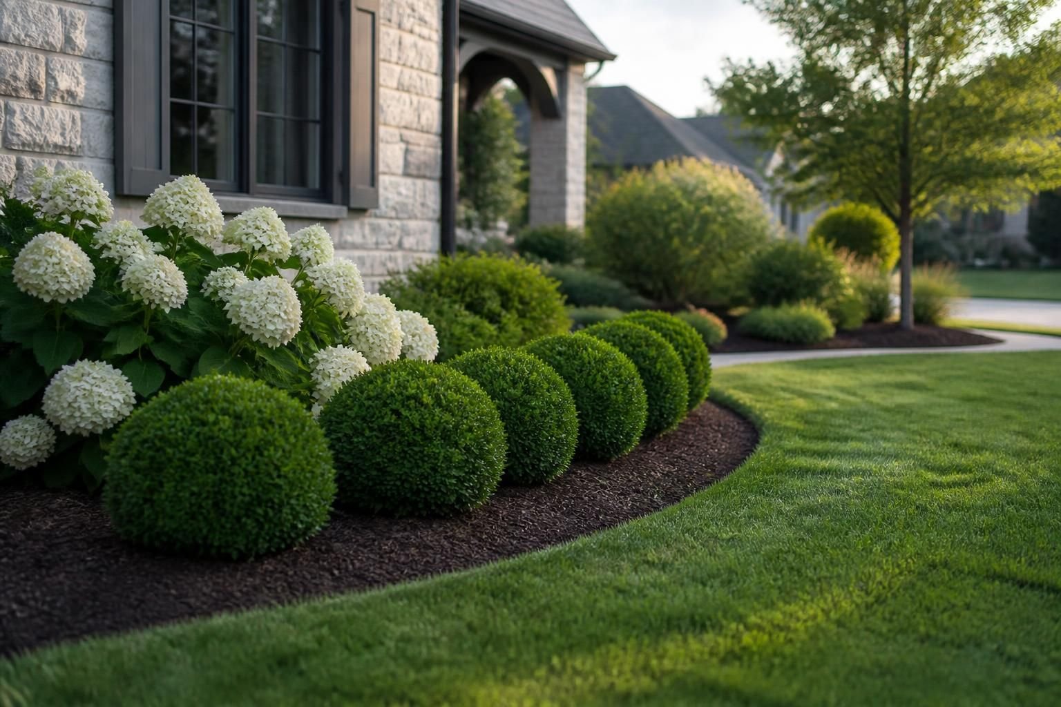 Well-maintained landscape with trimmed shrubs and tidy beds.