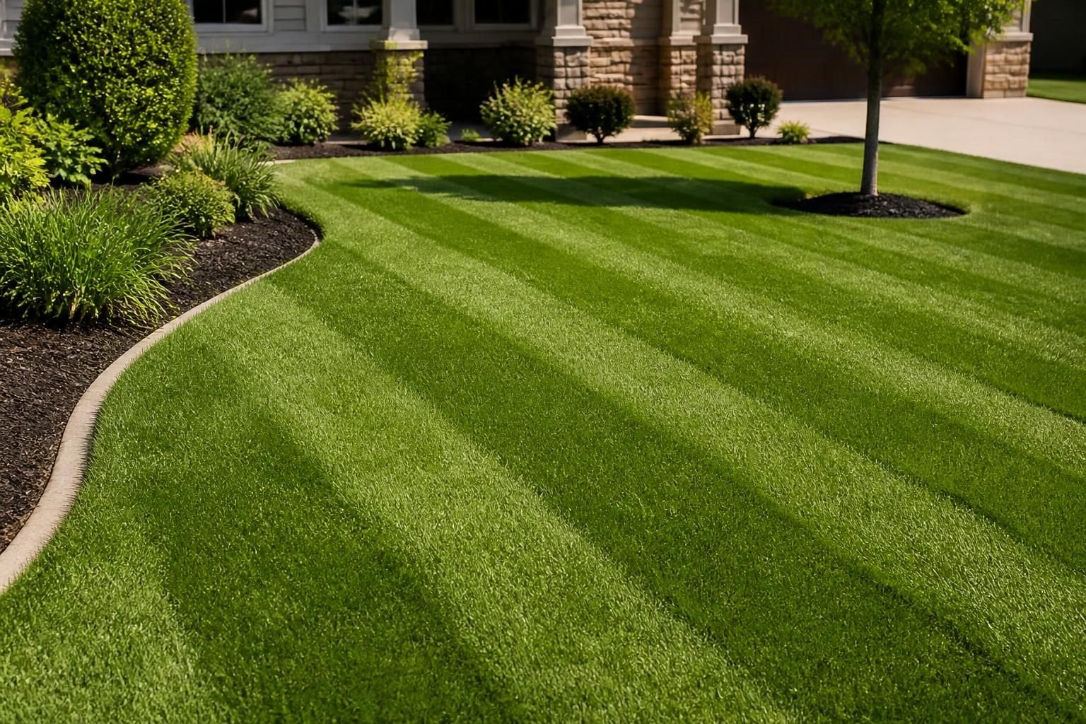 Freshly mowed lawn with crisp striping and clean edges.