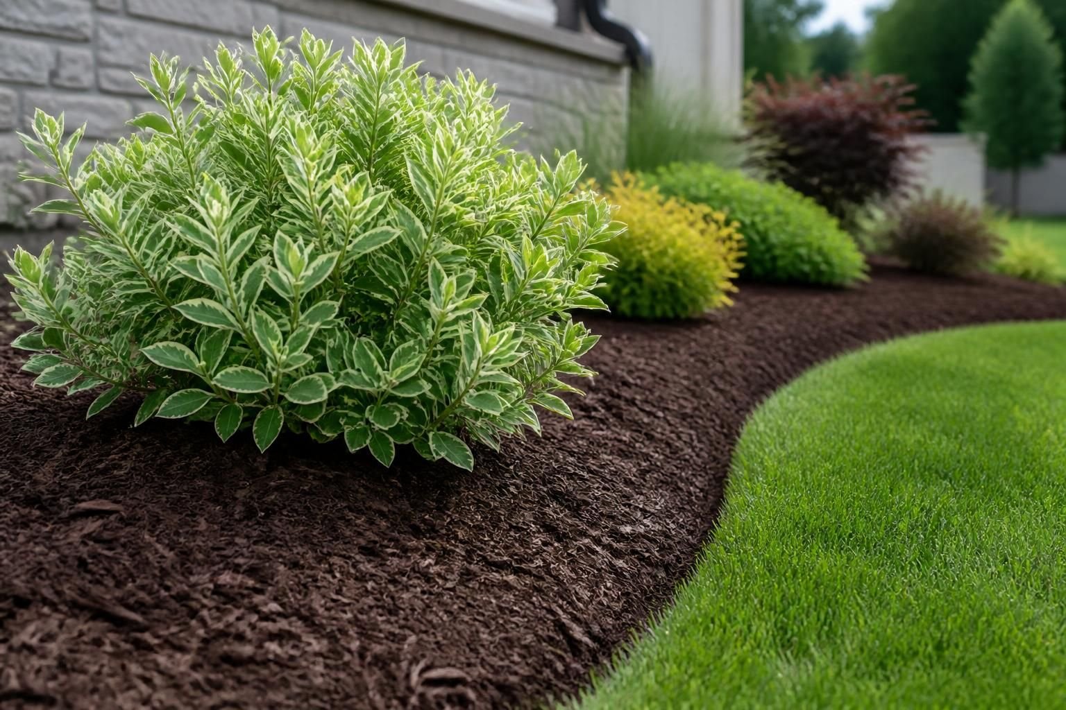 Fresh mulch installed around clean garden beds and shrubs.