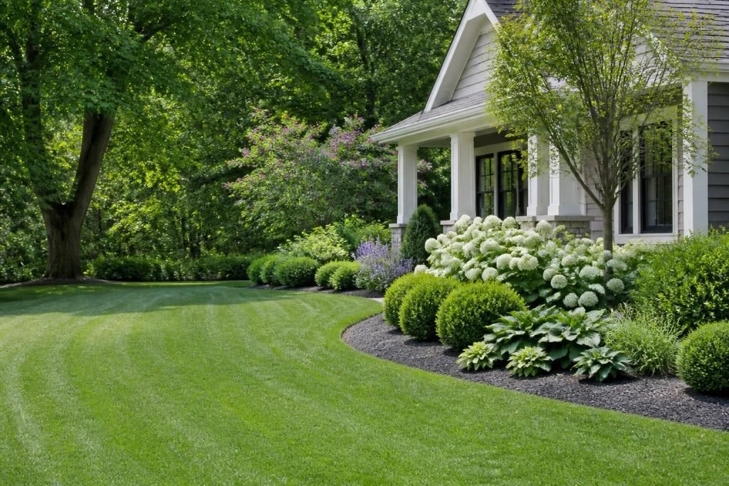 Freshly maintained lawn with crisp edging and lush plantings.