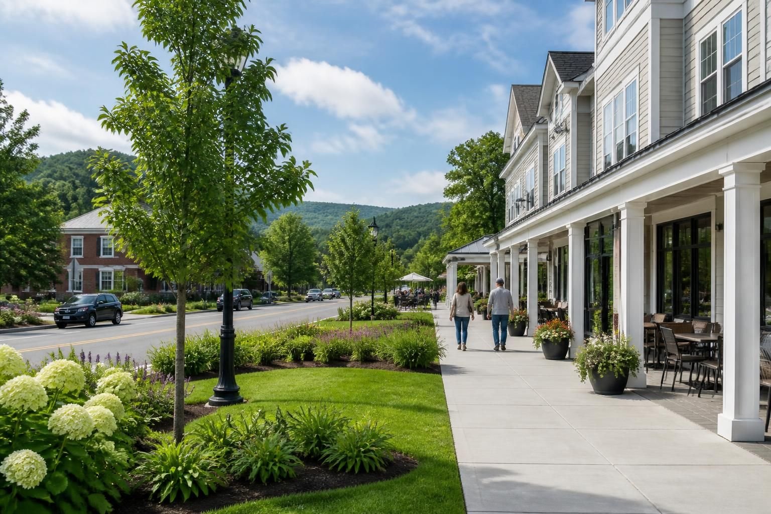 Manicured greenspace beside tidy sidewalks in a modern area.